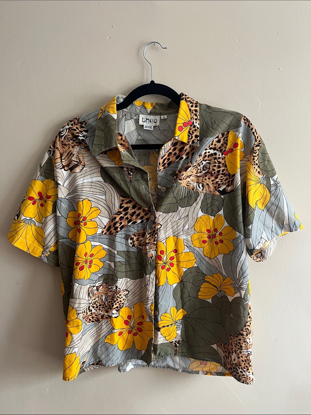 Vintage Olive & Yellow Ocelot Floral Leopard-Print Short Sleeve Shirt